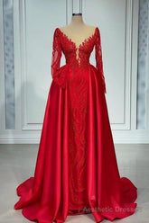 Chic V-neck Lace Prom Dresses Evening Gown With Long Sleeves